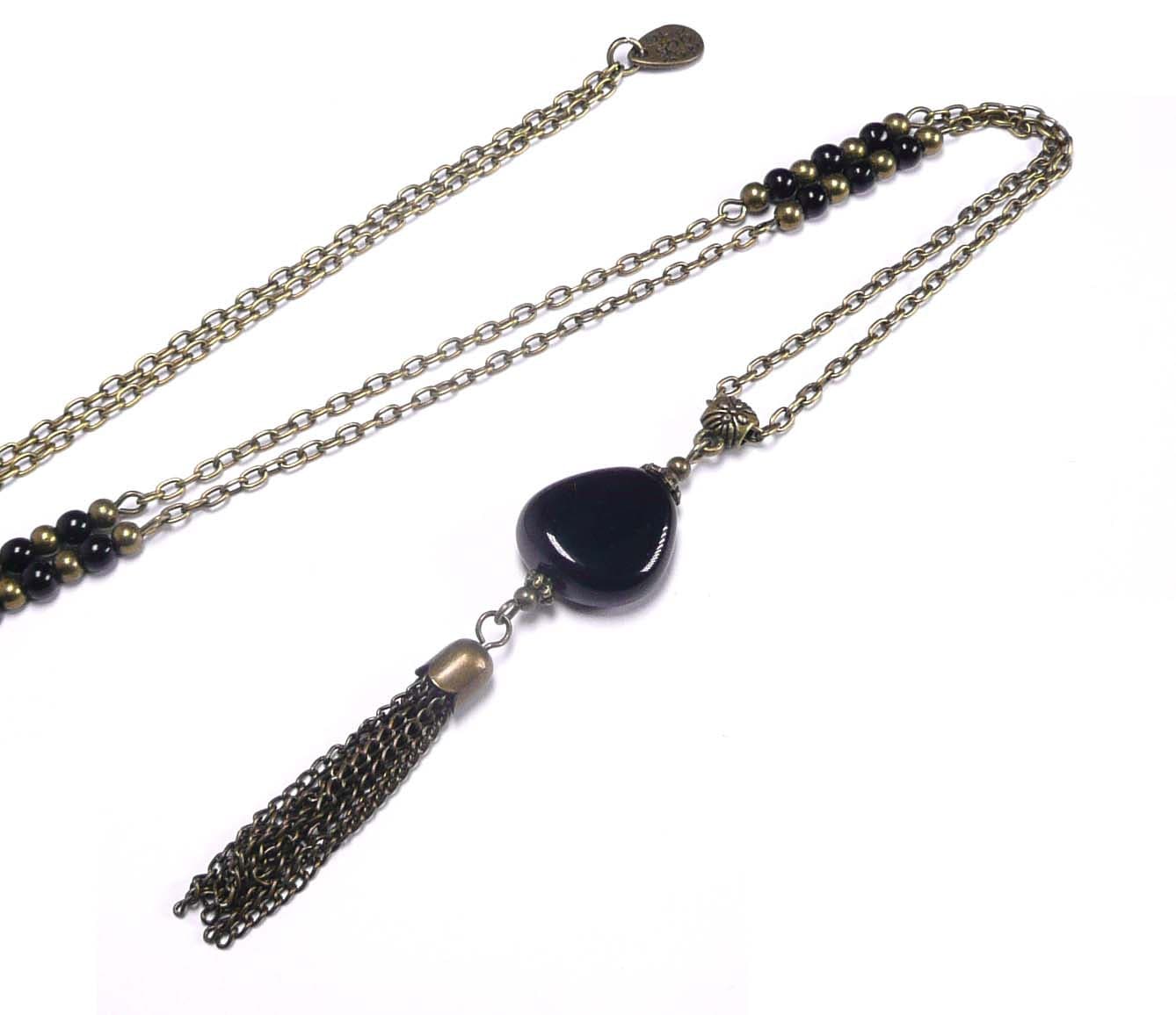 Collier Vintage Superbe - Perles De Verre Noires Et Grises - Bijou Ancien