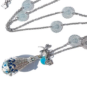 Silver designer pregnancy bola, drop cage with rhinestone, dragonfly and blue sequin