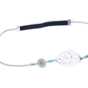 Siver headband, turquoise beaded, leaf