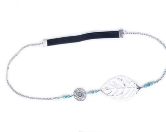 Siver headband, turquoise beaded, leaf