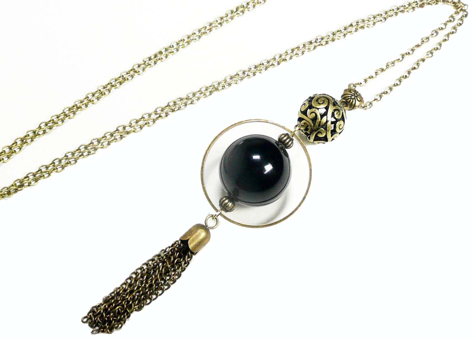 Long Pendant Necklace Bronze Jewelry Long Pompom Pendant Etsy