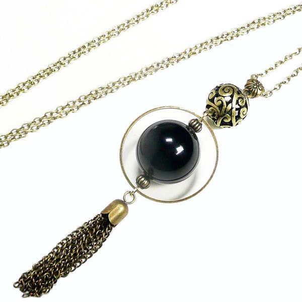 Sautoir collier pompon, perle noire encerclée, collier longue chaine pendentif, perle noire, bijou bronze vintage