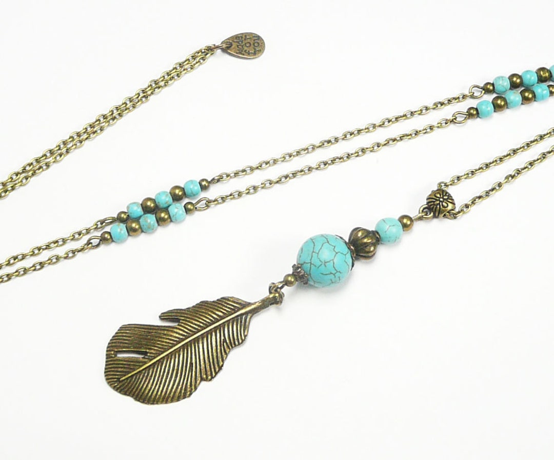 Long Pendant Necklace Bronze Jewelry Long Feather Pendant Etsy