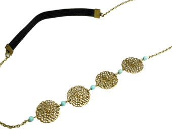 Headband perles turquoises rosaces bronze rétro vintage