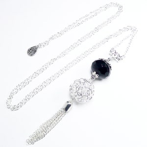 Long pendant necklace, silver colored jewelry, long pompom pendant, black faceted beaded necklace, image 2