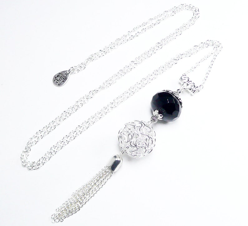 Long pendant necklace, silver colored jewelry, long pompom pendant, black faceted beaded necklace, image 2