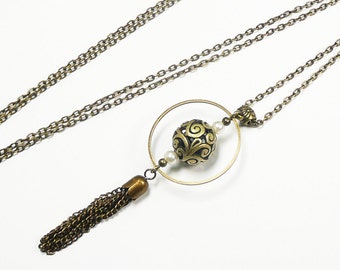 Long pendant necklace, pearly bead pendant, pompom pendant, bronze jewelry, vintage jewelry