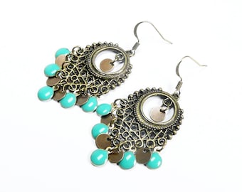 Boucles d'oreille bronze sequin vert pampilles émail bronze vintage rétro