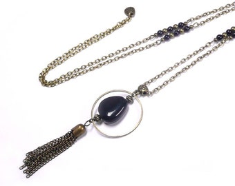 Sautoir collier pompon, perle triangle noire encerclée, perles de verre noires, bijou bronze vintage, cadeau de Noel