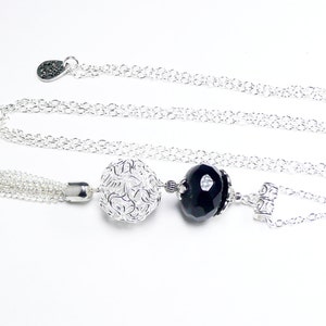 Long pendant necklace, silver colored jewelry, long pompom pendant, black faceted beaded necklace, image 3