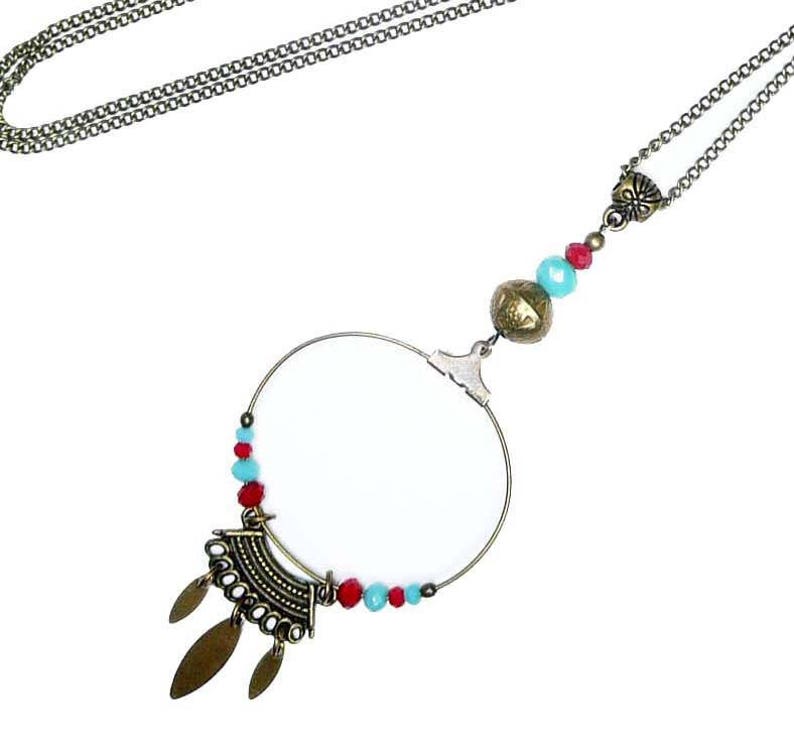 Sautoir collier cheyenne perles rouge et turquoise anneau bronze image 2