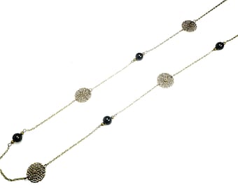 Sautoir perles noires et rosace, collier longue chaine, bronze vintage rétro, cadeau de Noel