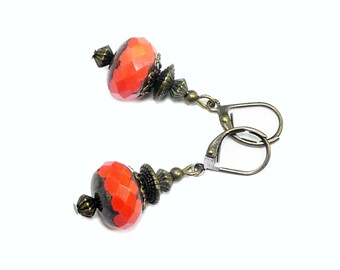 Boucles d'oreille perle orange facettée dormeuses bronze vintage rétro