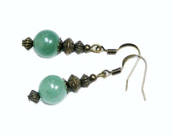 Boucles d'oreille perle verte aventurine vintage rétro bronze, cadeau de Noel