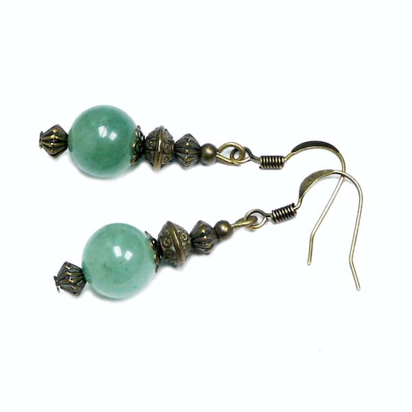 Retro retro aventurine verde perla pendientes bronce, regalo de Navidad