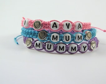 Personalised Name Bracelet with Metal Hearts, Woven Cotton Cord, 18 Colours, Custom Made, Gift, Love, Hearts, Party