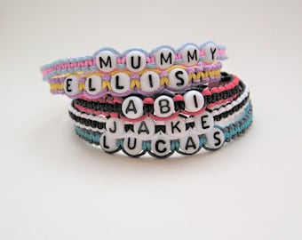 Personalised Child's Name Bracelet in 2 Colours with Glass Letter Beads, Friendship, Woven, Cord, 18 Colours, Custom Made, Gift, Party