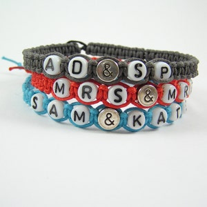 Personalised Name Woven Cotton Cord Bracelet with Glass Letter Beads and Silvery Ampersand '&' Bead, Gift, Adult, Child