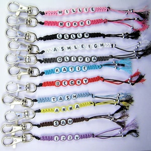 Personalised Name Woven Cord Keyring, Zipper Charm, Bag Charm, Lanyard, Glass Beads, 18 Colours, Custom Made