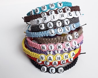 Personalised Name Bracelet with Glass Letter Beads, Hand-woven Cotton Cord, Friendship Bracelet, 18 Colours, Custom Made, Gift, Party