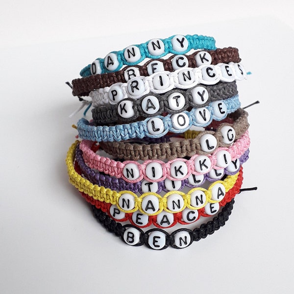 Bracelet prénom personnalisé avec lettres en verre, cordon en coton tissé à la main, bracelet de l'amitié, 18 couleurs, sur mesure, cadeau, fête