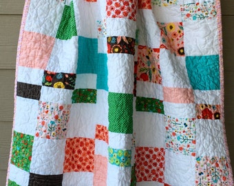 Ready To Ship modern baby quilt, toddler quilt, lap quilt, pink, Aqua, yellow, brown, red quilt, handmade quilt, modern lap quilt, floral