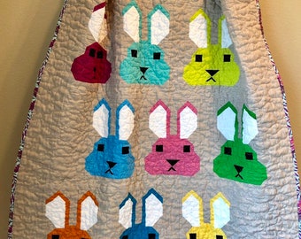 Ready To Ship, Free Shipping Bunny Quilt, in pink, orange, blue, green, aqua, yellow, purple baby quilt, toddler quilt, throw quilt