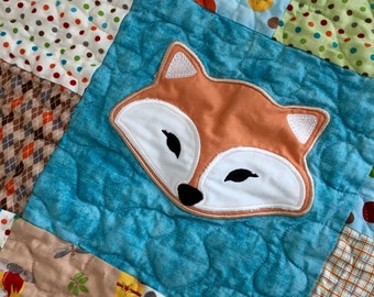 Ready to ship,bear and fox quilt, baby quilt, toddler quilt, nursery, bedding, orange, blue brown, green, handmade squares, modern