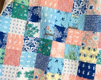 Ready to ship Meadowlark baby quilt, blue bird quilt, nursery bedding crib quilt bedding modern patchwork cotton quilt