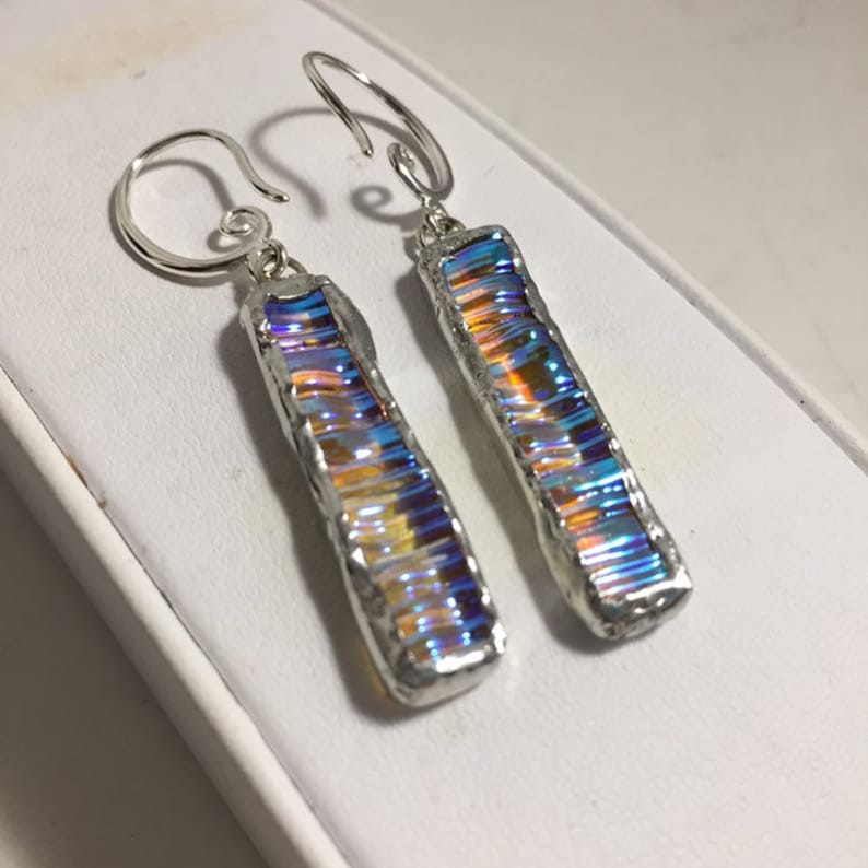 Stained Glass Earrings geometric jewelry RECTANGLE EARRINGS Dichroic iridescent earrings Stained Glass Jewelry