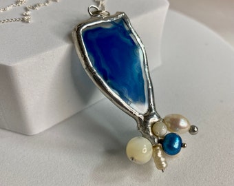 AGATE & PEARL Necklace by Hip Chick Jewelry, Sterling Silver Chain, Pearl Necklace, Agate Slice Necklace