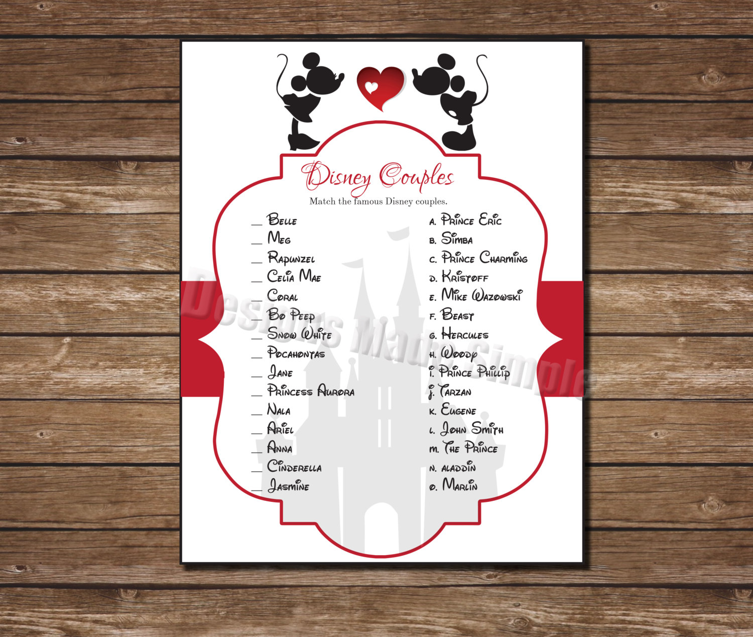 Disney Couples Match Game with Mickey and Minnie Kissing | Etsy
