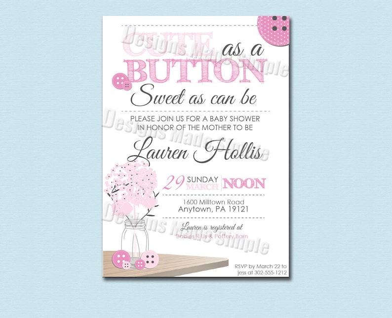Cute as a Button Baby Shower Invitation Girl Printable | Etsy