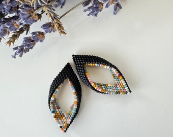 Trend Bohemian Dangle Beaded Jewelry Hand Woven Earrings Multi Colored Beaded Earrings Black Earrings Boho Accessory