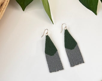 Green Fringe Earrings Green Tassel Jewelry Bicolor earrings Minimalist Earthy Jewelry Forest Green Earrings Beaded Fringe Earrings Gift Idea