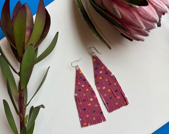 Magenta Confetti Earrings Colorful Dots Beaded Fringe Earrings Seedbeads Jewelry Multi Color Beaded Jewelry Artisan Earrings Birthday gifts