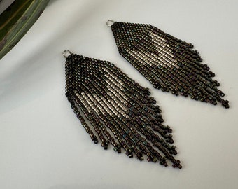 Metallic Beaded Fringe Earrings Hematite Earrings Metallic Jewelry Seedbead Earrings Gift idea for Mom Bead Fringe Jewelry