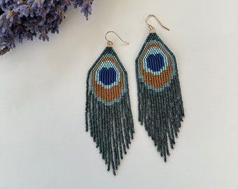 Peacock Feather Earrings Peacock Earrings Beaded Fringe Earrings Gift for Peacock Lovers Feather Earrings Blue Peacock Feather Jewelry