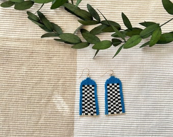 Checkered Earrings Blue Checkcerboard Jewelry Beaded Fringe Earrings Seedbead Jewelry Black and White  Checkered Board