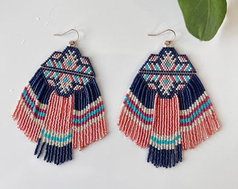 Beaded Fringe Earrings Dangle Jewelry Pink Earrings Big Beaded Fringe Earrings Navy Blue seedbead Jewelry Gift Idea for Her Navy Blue