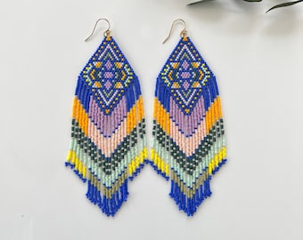 Long and Dangle Beaded Earrings Beaded Fringe Jewelry Fun Color for Summer Earrings Blue Earrings Seedbead Earrings Beaded Earrings for her