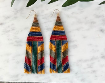 Colorful Strip Beaded Fringe Earrings Mustard Yellow Fringe Earrings Multi Color Earrings Stripe Jewelry Boho Jewelry Earthy Beaded Earrings