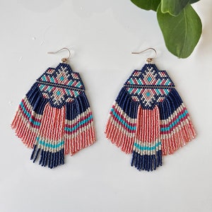 Wide Beaded Fringe Earrings Dangle Jewelry Big Earrings Unique Fringe Earrings Wearable Art Jewelry Seedbead Accessories Navy Color