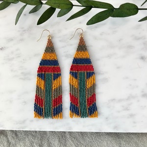 Colorful Strip Beaded Fringe Earrings Mustard Yellow Fringe Earrings Multi Color Earrings Stripe Jewelry Boho Jewelry Earthy Beaded Earrings image 1