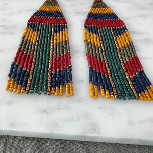 Colorful Strip Beaded Fringe Earrings Mustard Yellow Fringe Earrings Multi Color Earrings Stripe Jewelry Boho Jewelry Earthy Beaded Earrings image 4