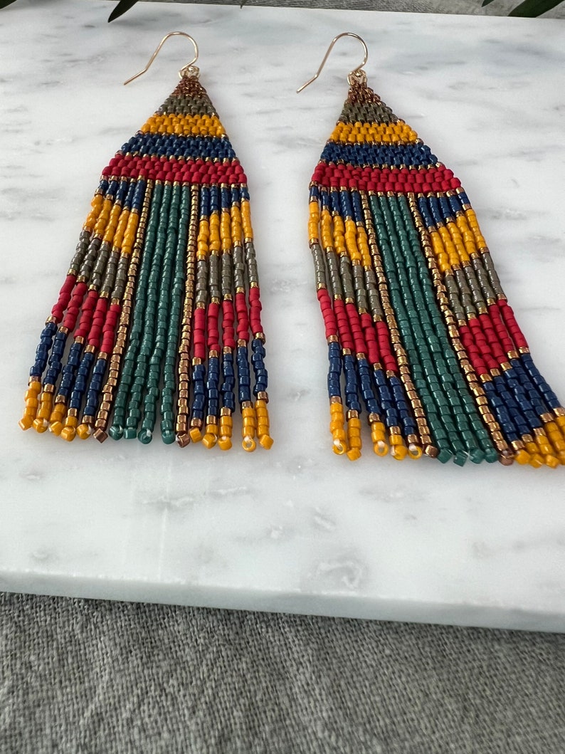 Colorful Strip Beaded Fringe Earrings Mustard Yellow Fringe Earrings Multi Color Earrings Stripe Jewelry Boho Jewelry Earthy Beaded Earrings image 4