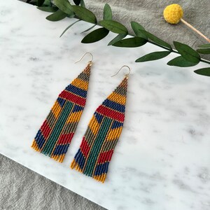 Colorful Strip Beaded Fringe Earrings Mustard Yellow Fringe Earrings Multi Color Earrings Stripe Jewelry Boho Jewelry Earthy Beaded Earrings image 3