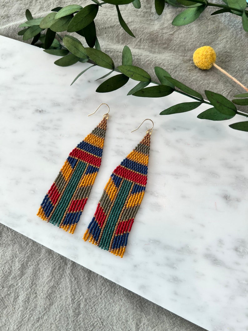 Colorful Strip Beaded Fringe Earrings Mustard Yellow Fringe Earrings Multi Color Earrings Stripe Jewelry Boho Jewelry Earthy Beaded Earrings image 3