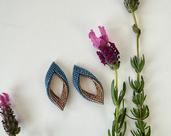 Leaf Stitched Drop Earrings for Women Everyday Jewelry for Her Handwoven Beaded earrings Dangle Petyote Stitch Earrings Bronze and Blue