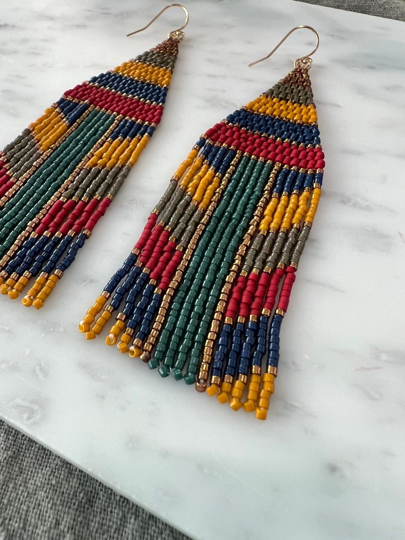 Colorful Strip Beaded Fringe Earrings Mustard Yellow Fringe Earrings Multi Color Earrings Stripe Jewelry Boho Jewelry Earthy Beaded Earrings image 5